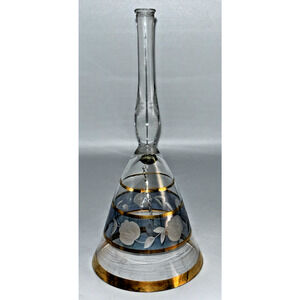 Clear Lead Crystal Bell Blue Etched Flowers Gold Trim and Rim